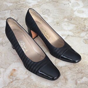 Salvatore Ferragamo Florence Pinstripe Leather & Patent Leather Pumps Vintage